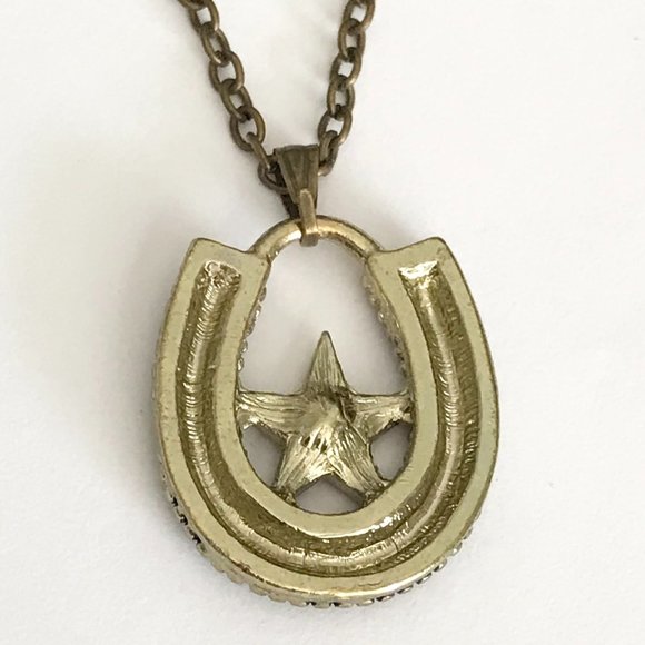 Horseshoe Necklace Crystal Gold Brass Plated 24" Country Western Cowgirl Luck - Picture 6 of 9